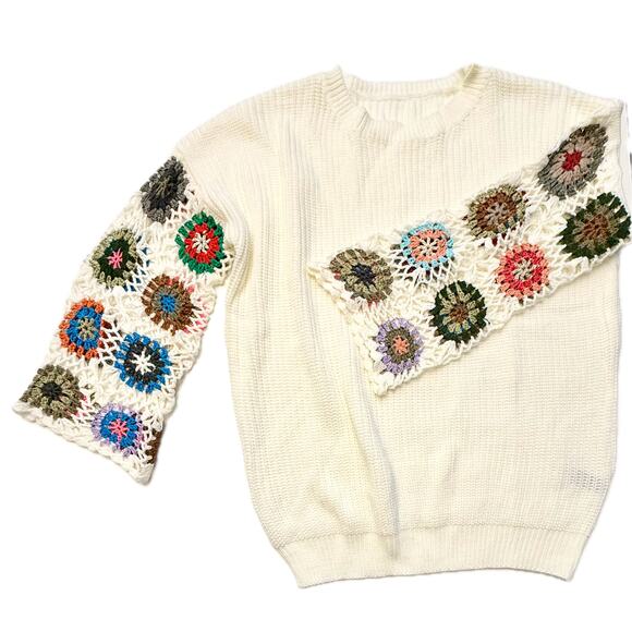 Boho Floral Multicolored Sleeve Crochet Ivory Sweater Size Small New π€ππ€ - Picture 2 of 5